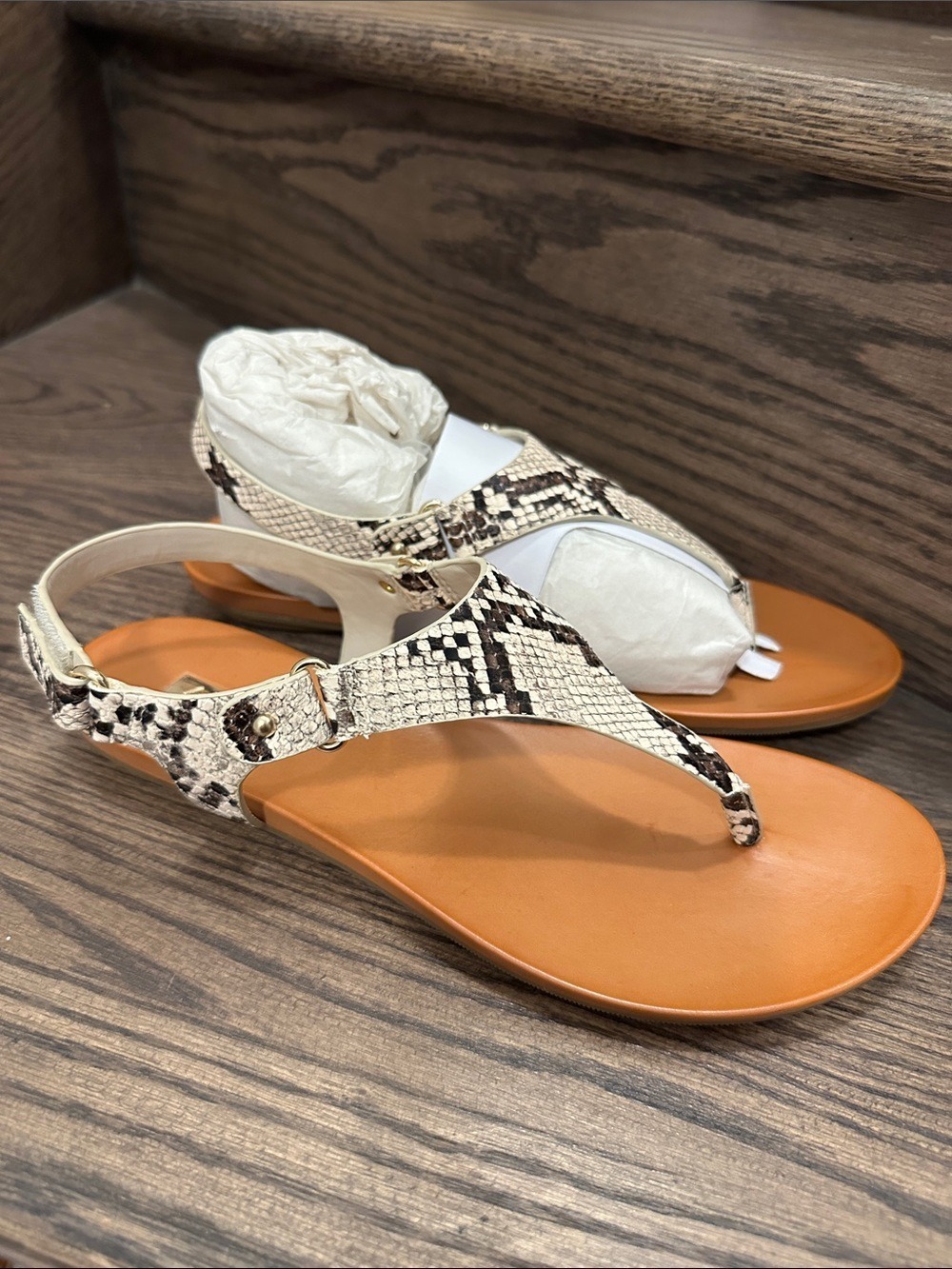 Aldo Leather Snake-Print Thong Sandals in Tan and Cream